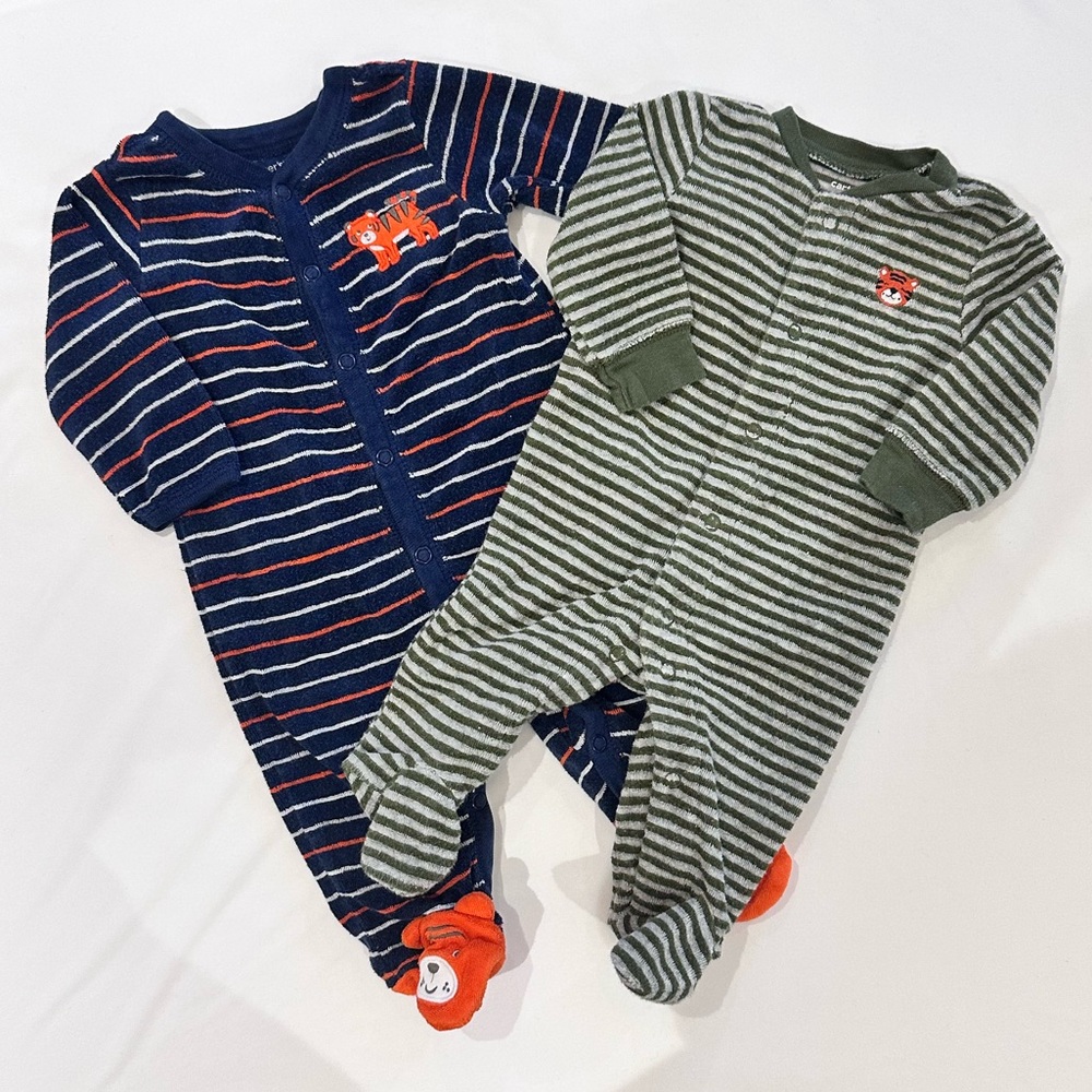 Two terrycloth pyjama footed striped onesies